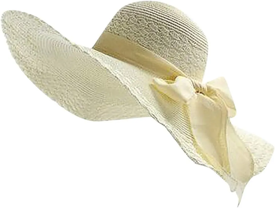 Women Colorful Big Brim Straw Bow Hat Sun Floppy Wide Brim Hats Beach Cap