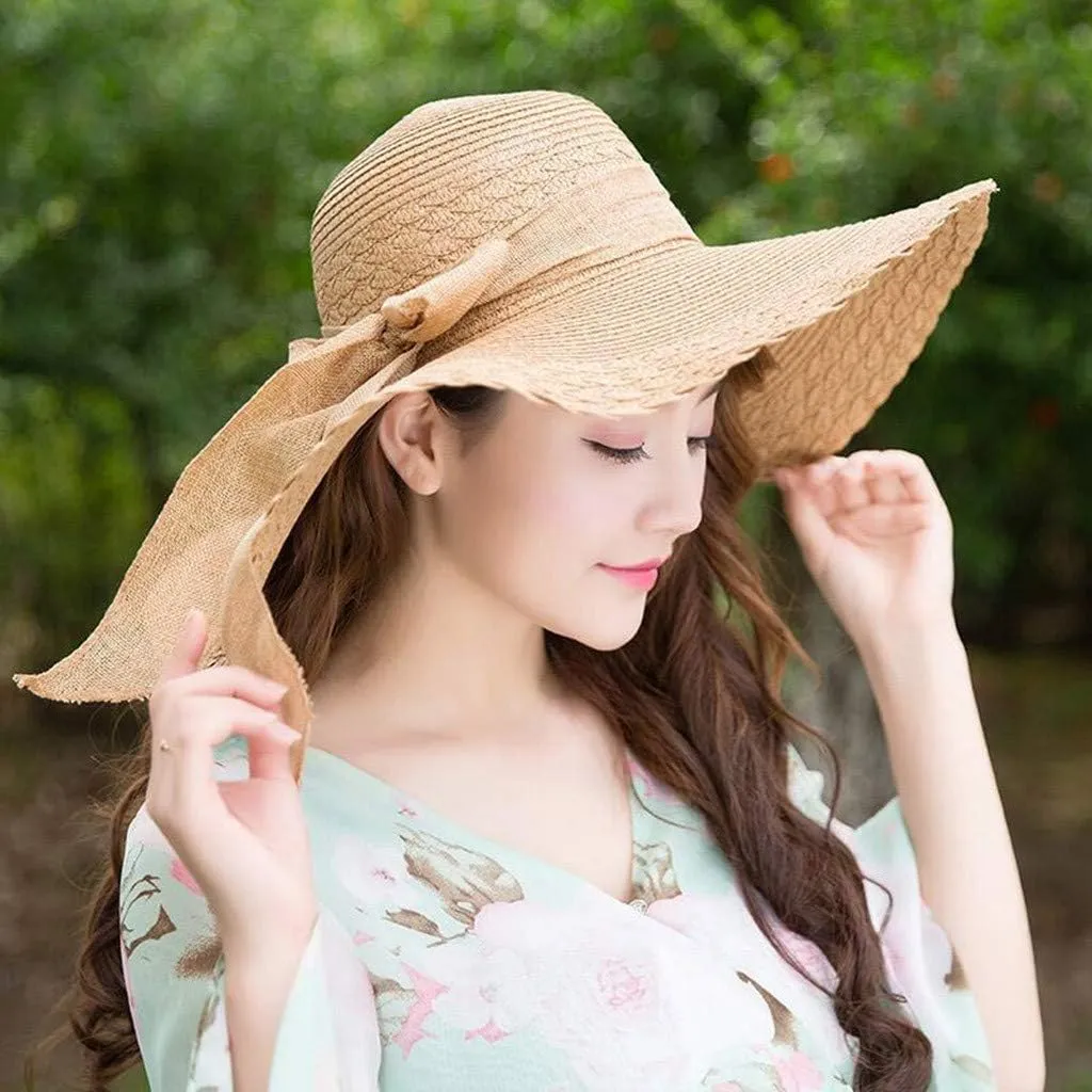 Women Colorful Big Brim Straw Bow Hat Sun Floppy Wide Brim Hats Beach Cap