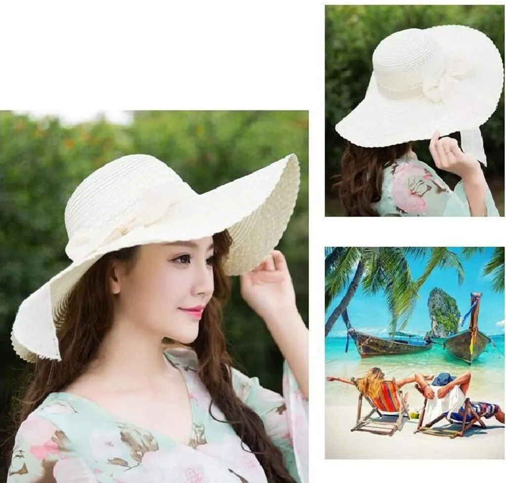 Women Colorful Big Brim Straw Bow Hat Sun Floppy Wide Brim Hats Beach Cap