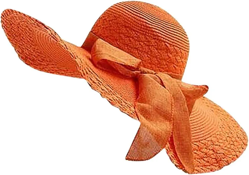 Women Colorful Big Brim Straw Bow Hat Sun Floppy Wide Brim Hats Beach Cap