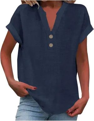 Women Cotton Linen Tees V Neck Tops Rolled Cuffed Short Sleeve Blouse Casual Loose Shirts 2025 Summer Fashion Clothes