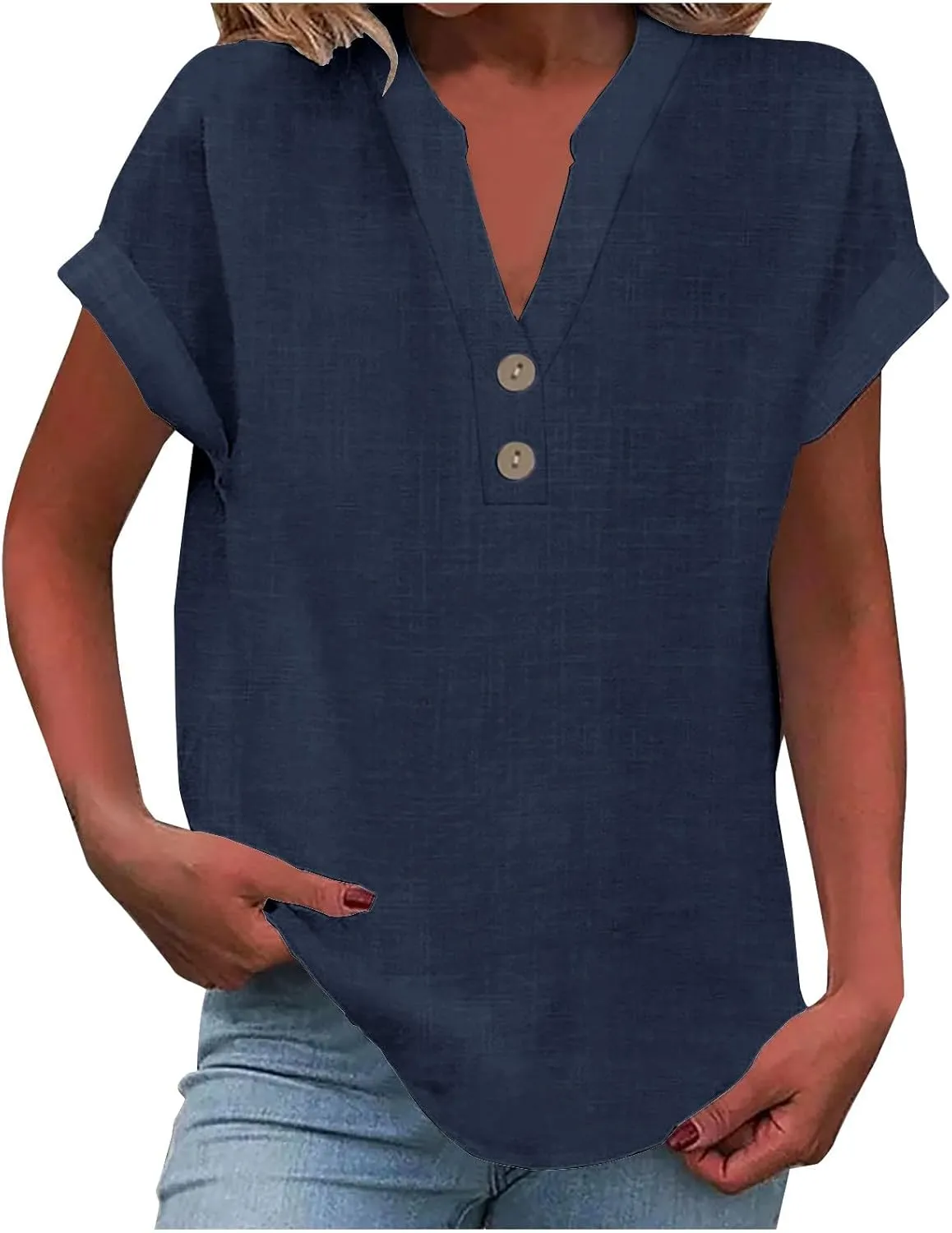 Women Cotton Linen Tees V Neck Tops Rolled Cuffed Short Sleeve Blouse Casual Loose Shirts 2025 Summer Fashion Clothes