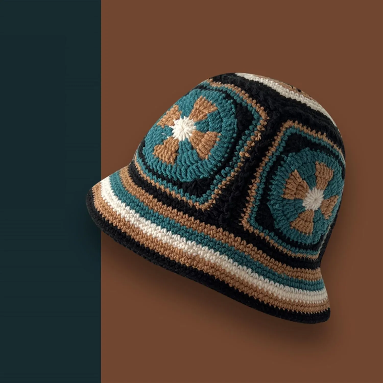 Women Crochet Bucket Hat Cute Flower Pattern Knitted Fisherman Hat Summer Trendy Outdoor Wide Brim Sun Cap