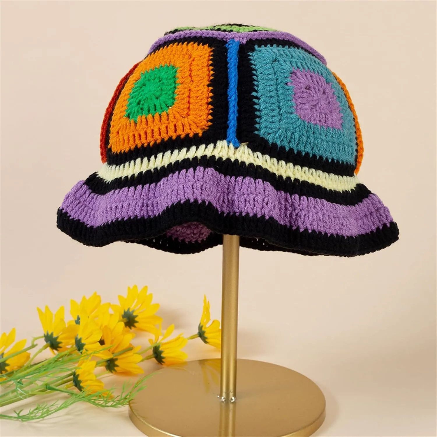Women Crochet Bucket Hat Cute Flower Pattern Knitted Fisherman Hat Summer Trendy Outdoor Wide Brim Sun Cap