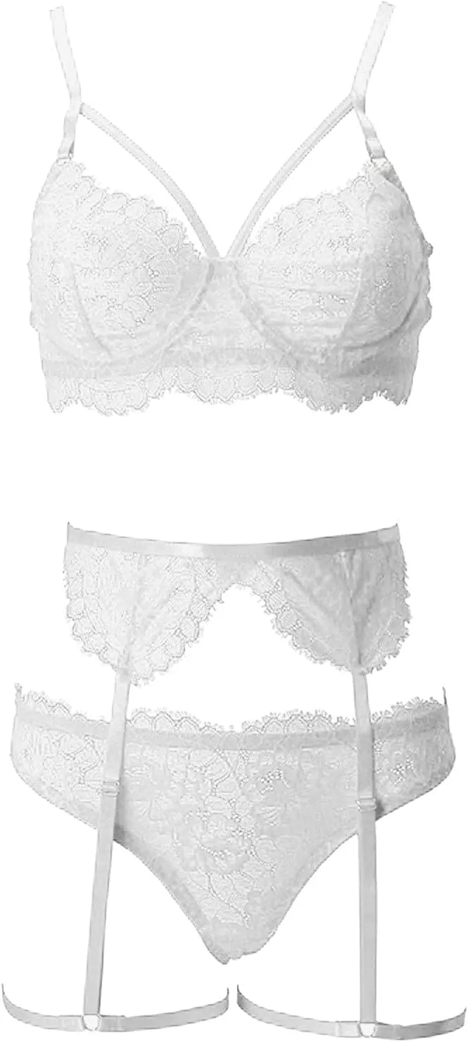 Women Lace Underwire Bra Set 2 Piece Underwear Strappy Bra and Panty Sets for Women Sexy Lingerie Garter Set