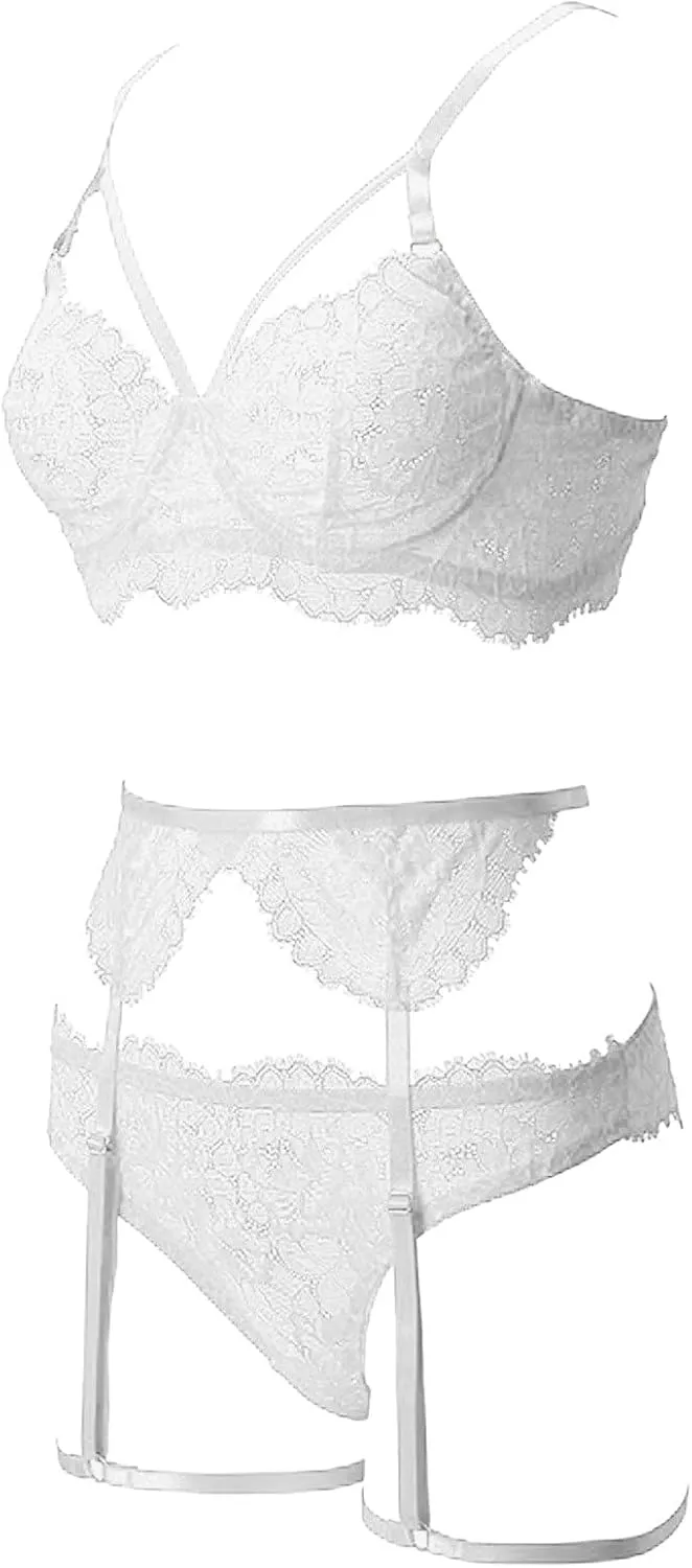 Women Lace Underwire Bra Set 2 Piece Underwear Strappy Bra and Panty Sets for Women Sexy Lingerie Garter Set