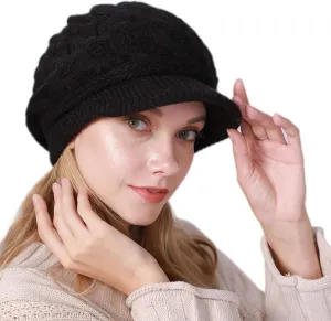 Women Slouchy Knit-Beanie Beret Hat - Warm Winter Visor Brim Beanie Cap