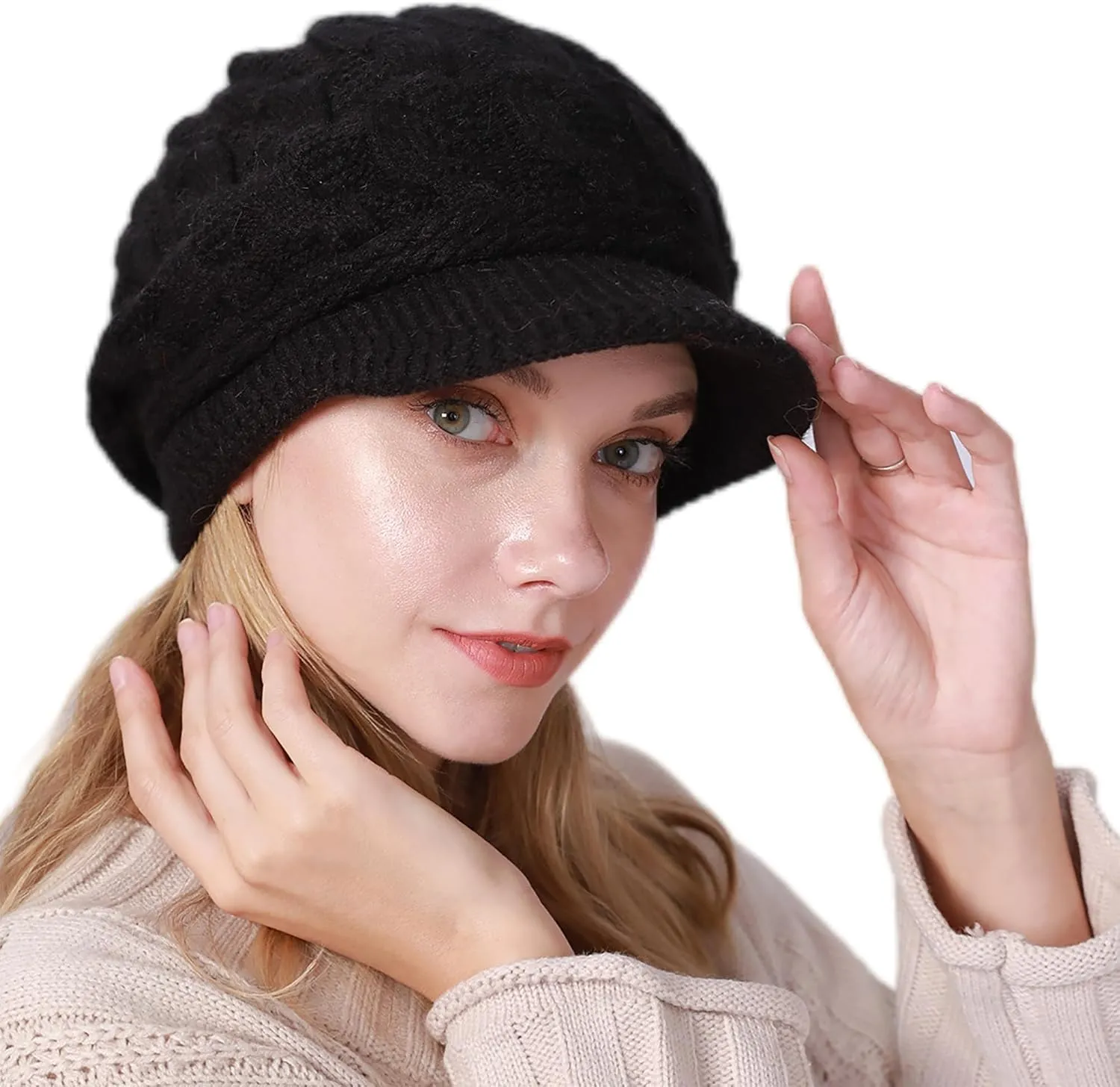 Women Slouchy Knit-Beanie Beret Hat - Warm Winter Visor Brim Beanie Cap