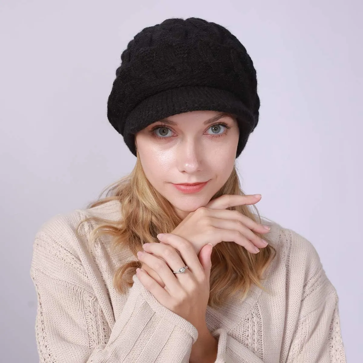 Women Slouchy Knit-Beanie Beret Hat - Warm Winter Visor Brim Beanie Cap