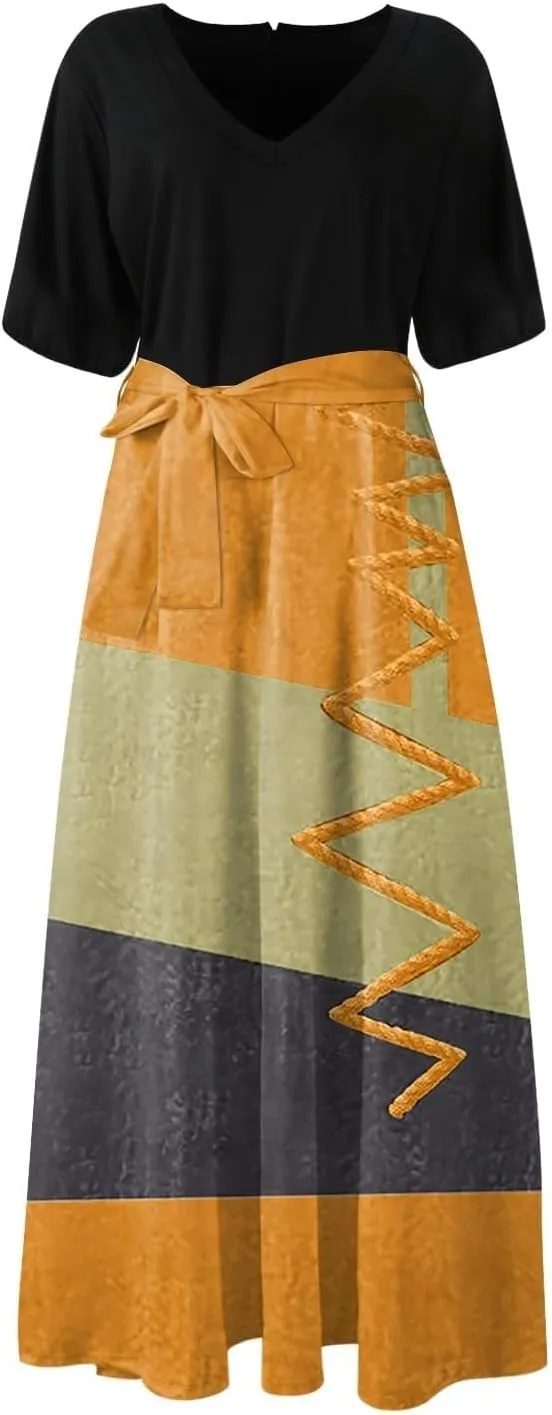 Women Summer Color Block Maxi Dress Vacation Floral Short Sleeve Spring Casual Boho Split Beach Long Flowy Sundress