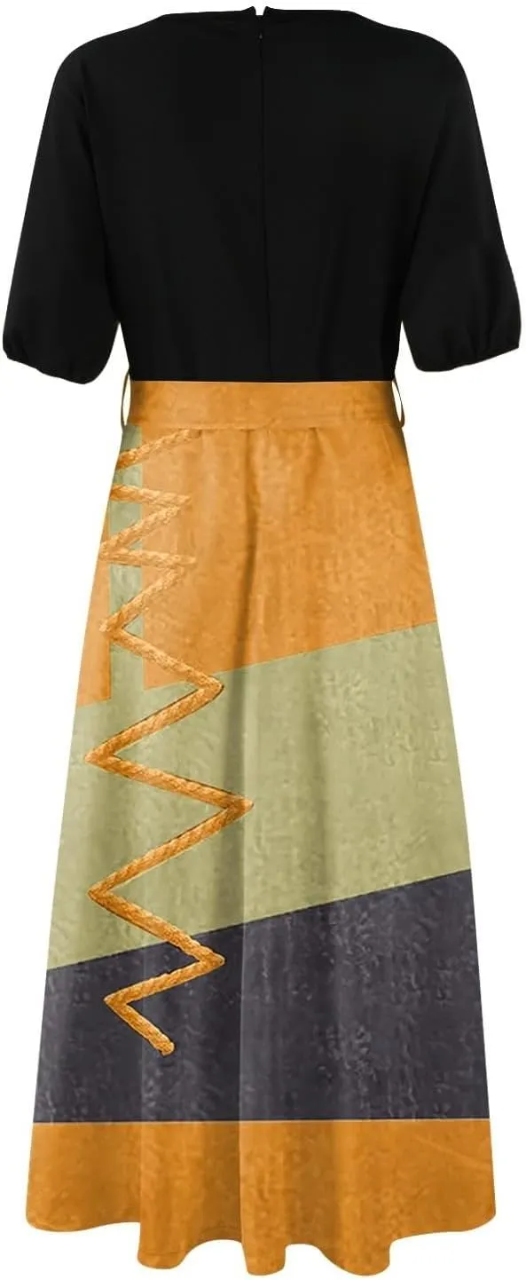 Women Summer Color Block Maxi Dress Vacation Floral Short Sleeve Spring Casual Boho Split Beach Long Flowy Sundress