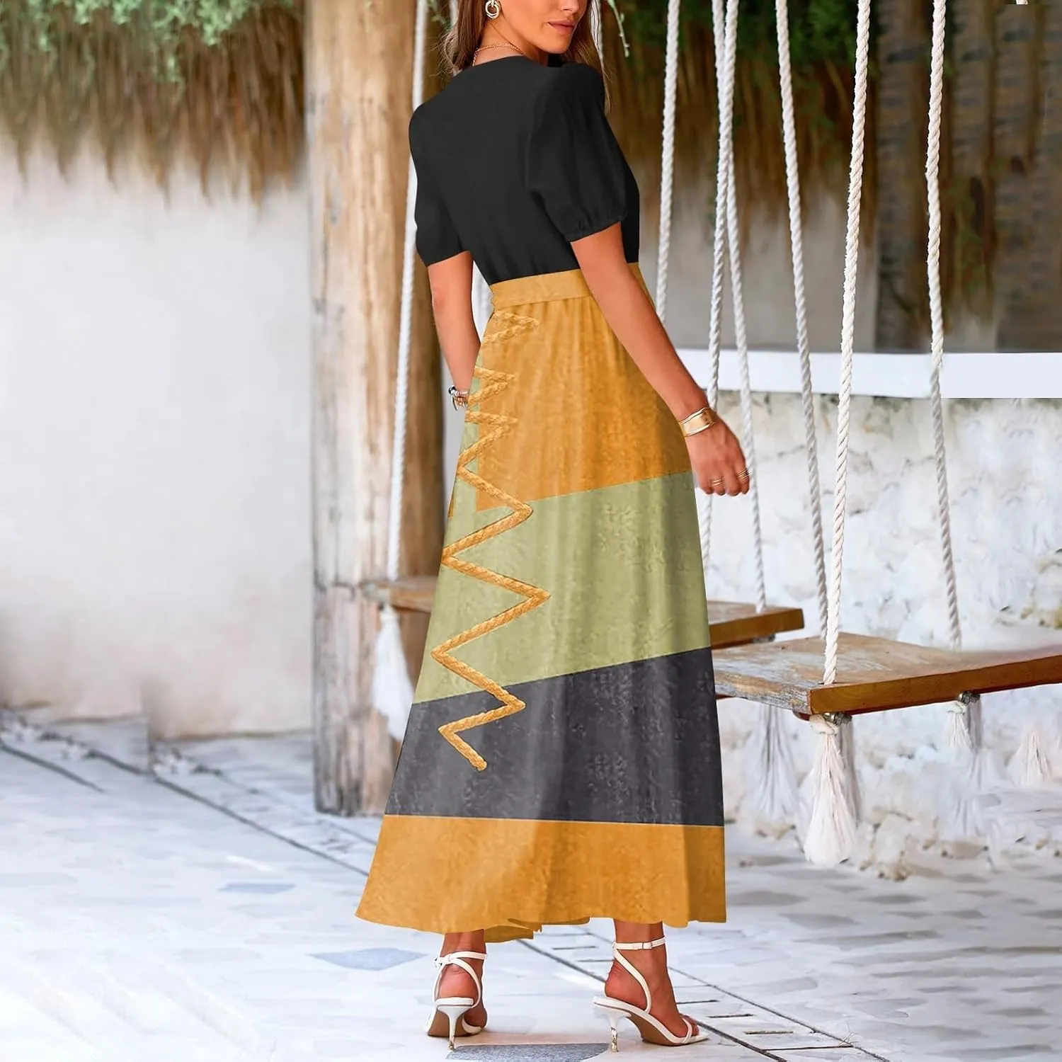 Women Summer Color Block Maxi Dress Vacation Floral Short Sleeve Spring Casual Boho Split Beach Long Flowy Sundress