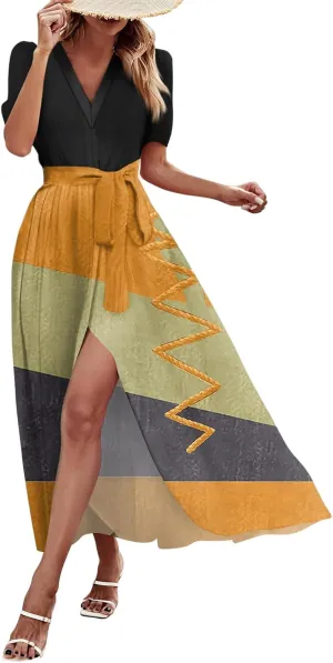 Women Summer Color Block Maxi Dress Vacation Floral Short Sleeve Spring Casual Boho Split Beach Long Flowy Sundress