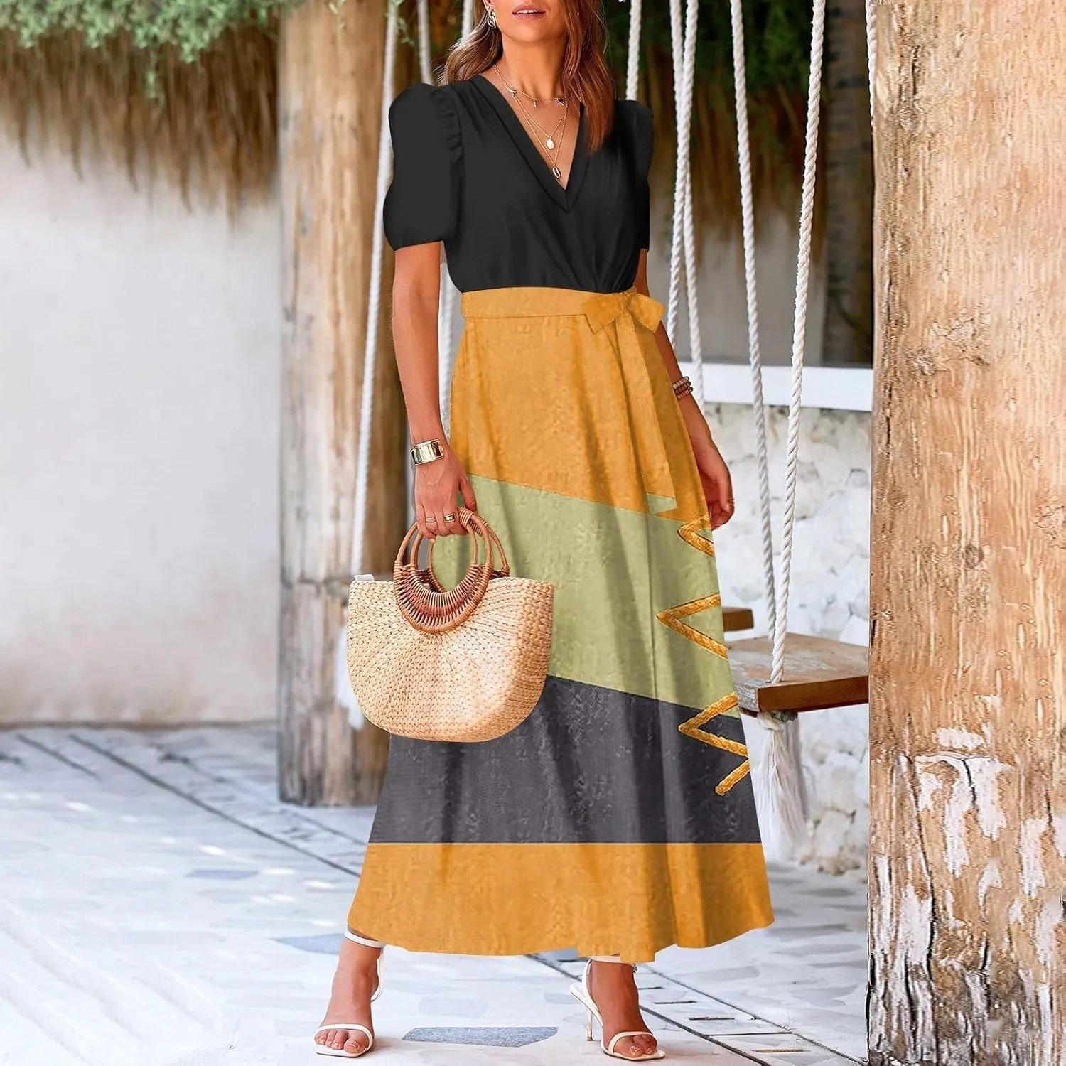 Women Summer Color Block Maxi Dress Vacation Floral Short Sleeve Spring Casual Boho Split Beach Long Flowy Sundress