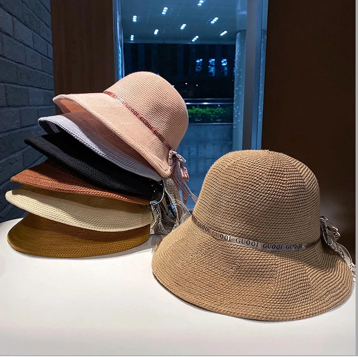 Women Summer Straw Sun Hat with Bow Beach Cap Foldable Visor Floppy Hats Dome Wide Brim Hats (Color : Yellow)