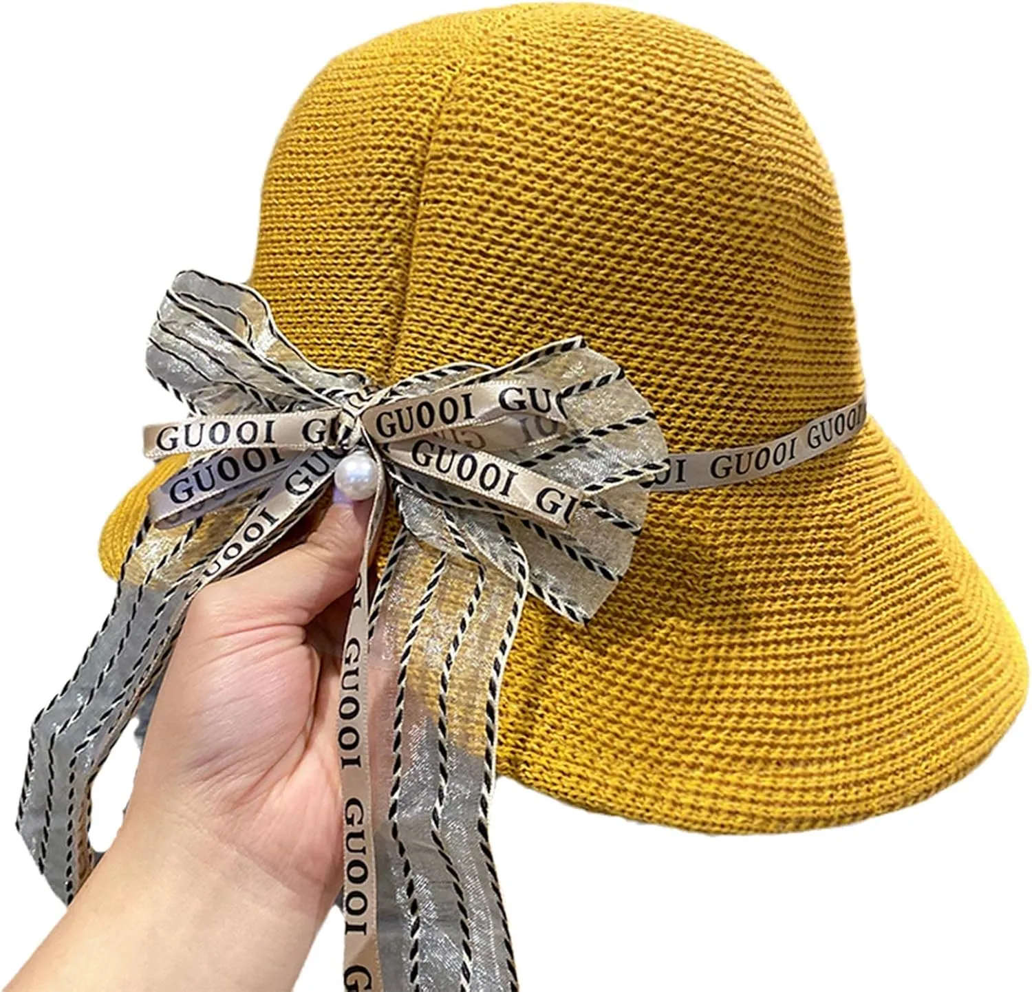 Women Summer Straw Sun Hat with Bow Beach Cap Foldable Visor Floppy Hats Dome Wide Brim Hats (Color : Yellow)