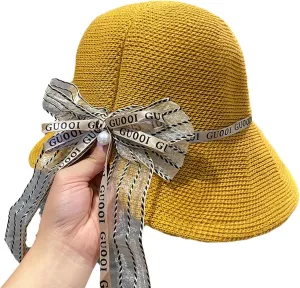 Women Summer Straw Sun Hat with Bow Beach Cap Foldable Visor Floppy Hats Dome Wide Brim Hats (Color : Yellow)