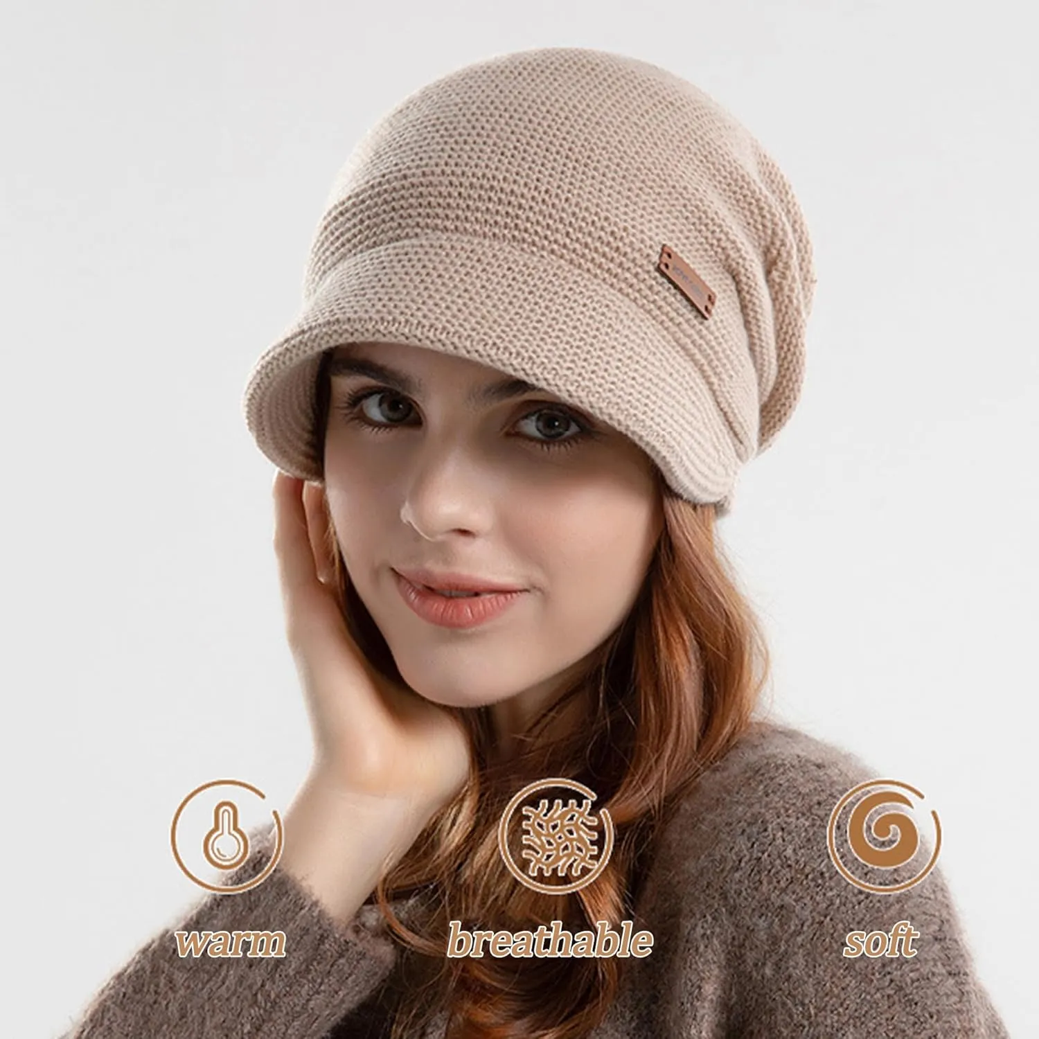 Women Warm Slouchy Knit-Beanie Hat - Visor Knit Beanie Cap Unisex Winter Hat