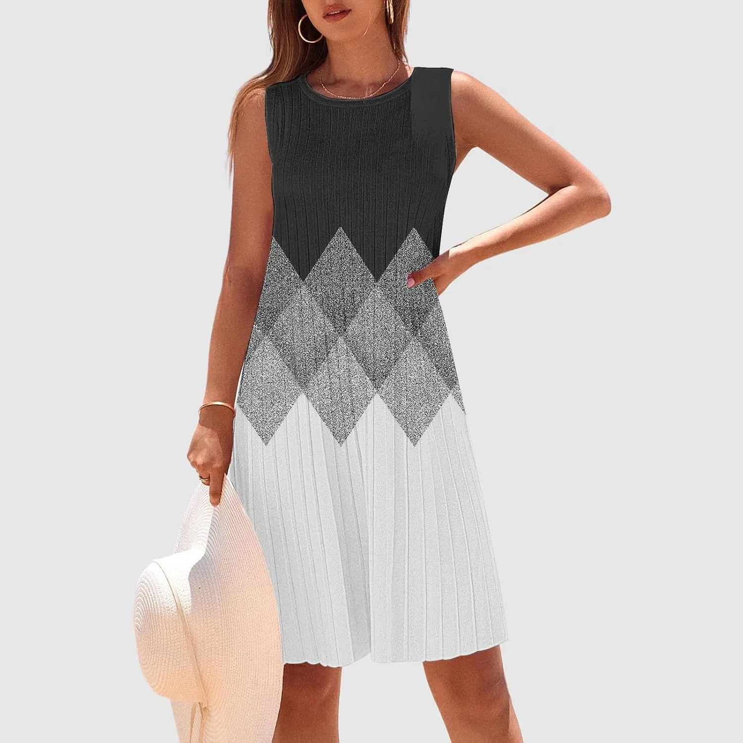 Womens 2025 Summer Sleeveless Dress Crewneck Floral Loose Tank Pleated Swing Flowy Dresses Casual Short Sleeve Dress