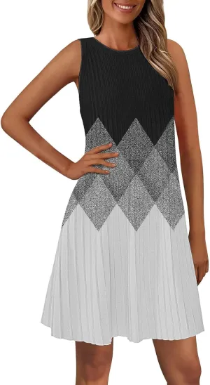 Womens 2025 Summer Sleeveless Dress Crewneck Floral Loose Tank Pleated Swing Flowy Dresses Casual Short Sleeve Dress