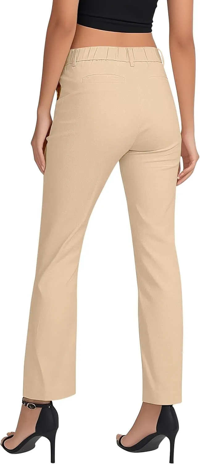 Women's Business Straight Leg Dress Pants Elastic Waist Zipper Closure Work Trousers with Pockets