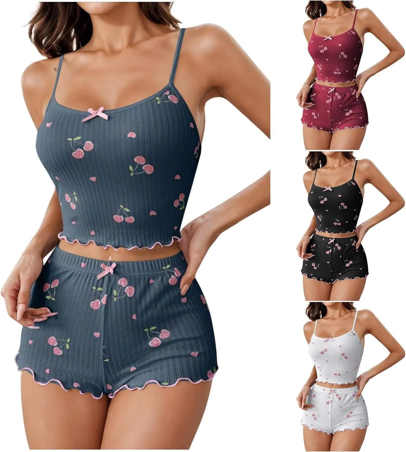 Women's Cami Pajama Sets 2 Piece Cute Cherry Print Pjs Soft Tank Top & Elastic Waist Shorts Summer Camisole Lounge Set