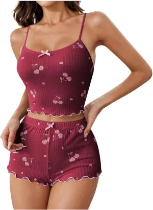 Women's Cami Pajama Sets 2 Piece Cute Cherry Print Pjs Soft Tank Top & Elastic Waist Shorts Summer Camisole Lounge Set