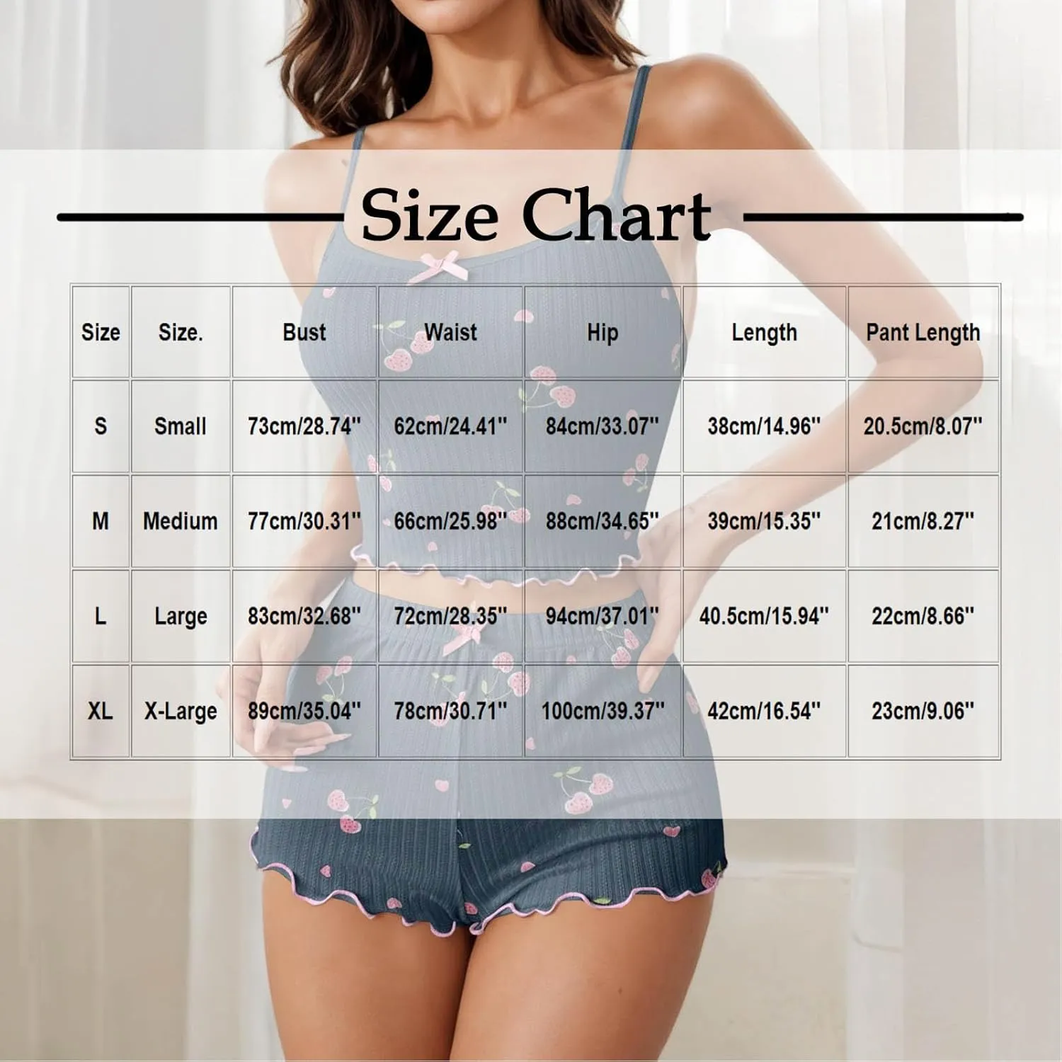Women's Cami Pajama Sets 2 Piece Cute Cherry Print Pjs Soft Tank Top & Elastic Waist Shorts Summer Camisole Lounge Set