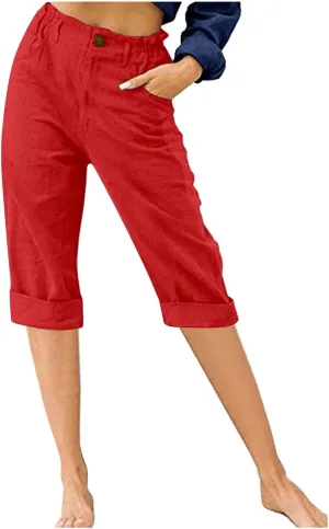 Women's Cotton Linen Capris Pants Casual Summer Elastic Waist Capri Pant Comfy Lounge Cropped Trousers Beach Clothes