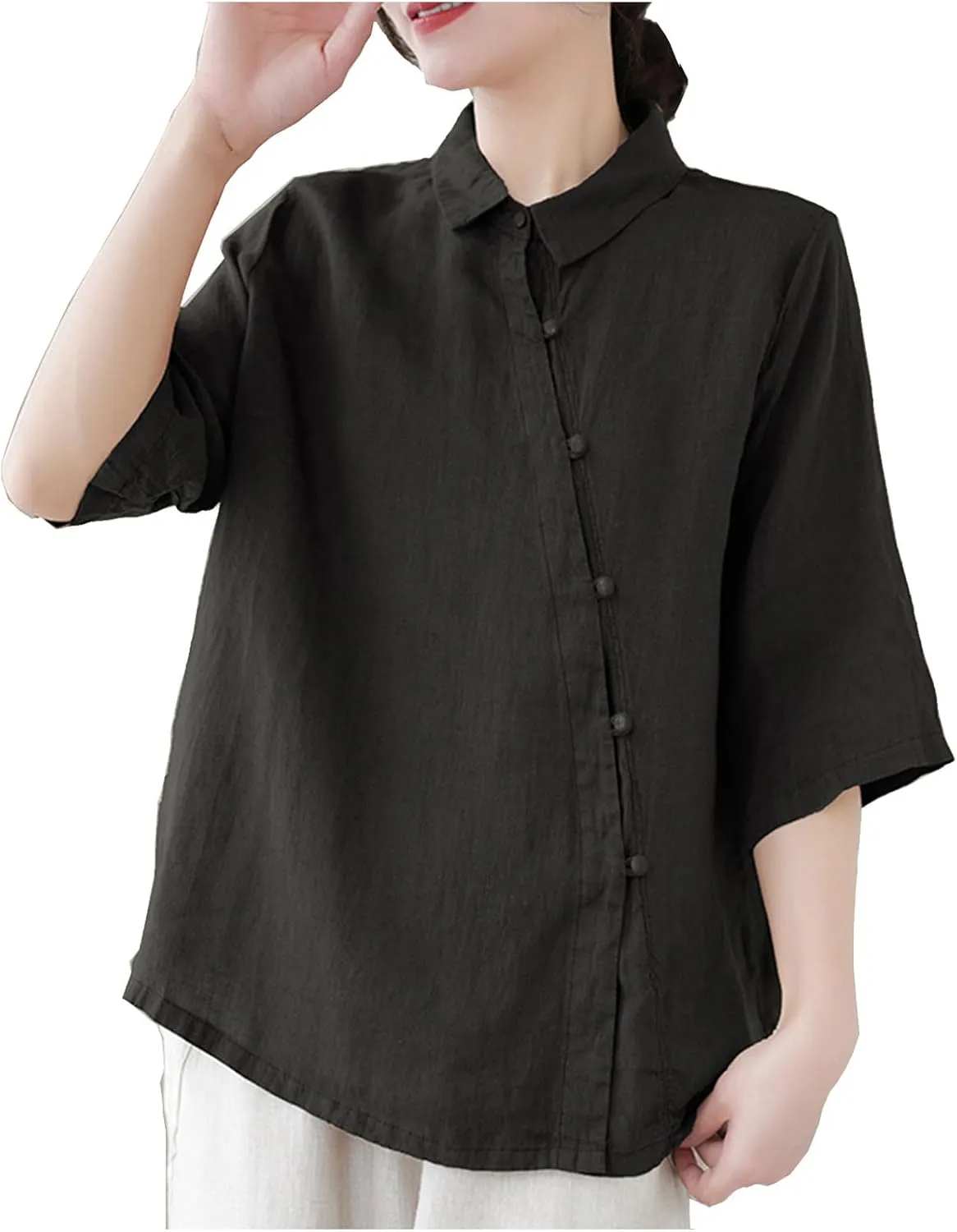 Women's Cotton Linen Retro Irregular Chinese Frog Button Tops Casual Lapel Collar Half Sleeve Blouse Summer Beach Shirts