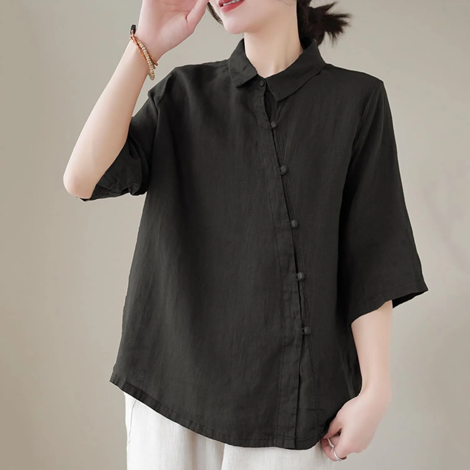 Women's Cotton Linen Retro Irregular Chinese Frog Button Tops Casual Lapel Collar Half Sleeve Blouse Summer Beach Shirts