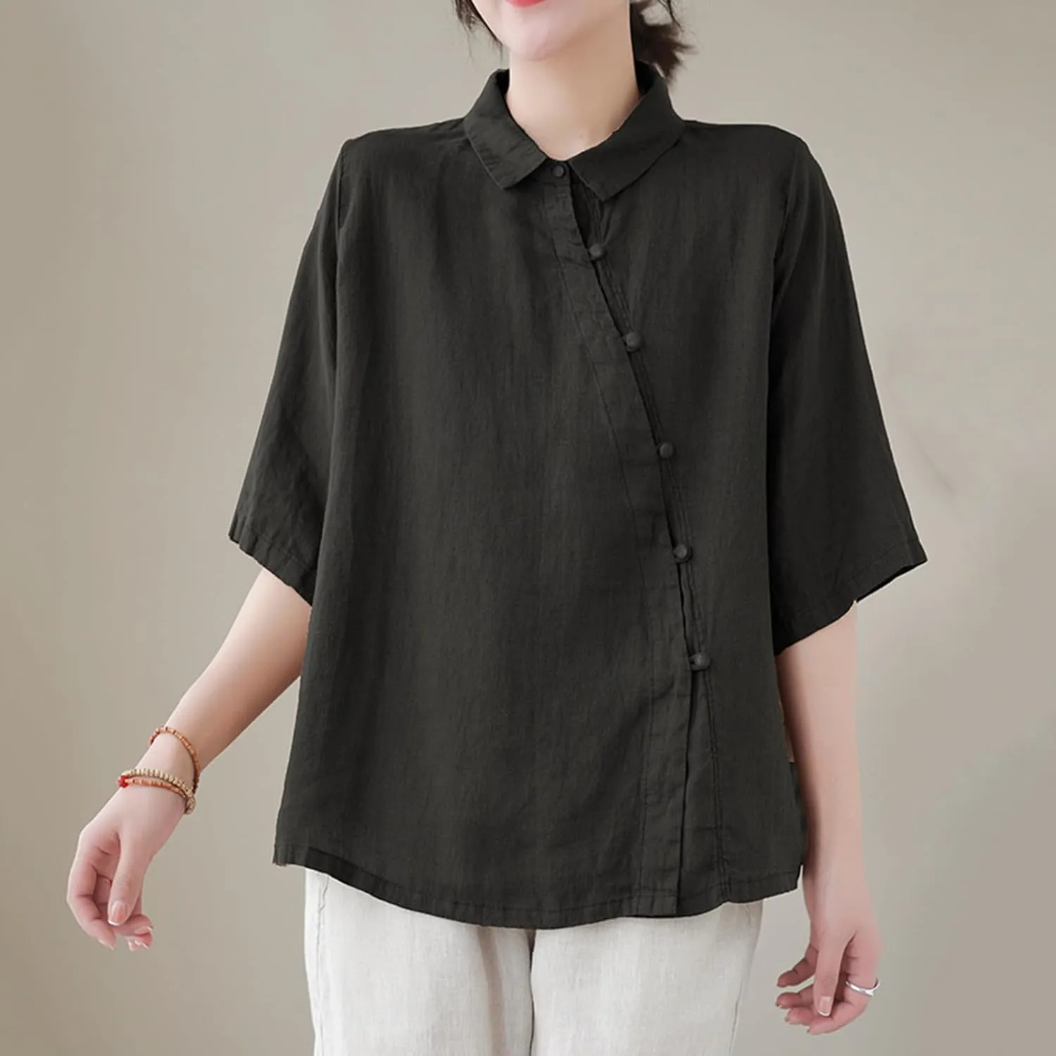 Women's Cotton Linen Retro Irregular Chinese Frog Button Tops Casual Lapel Collar Half Sleeve Blouse Summer Beach Shirts