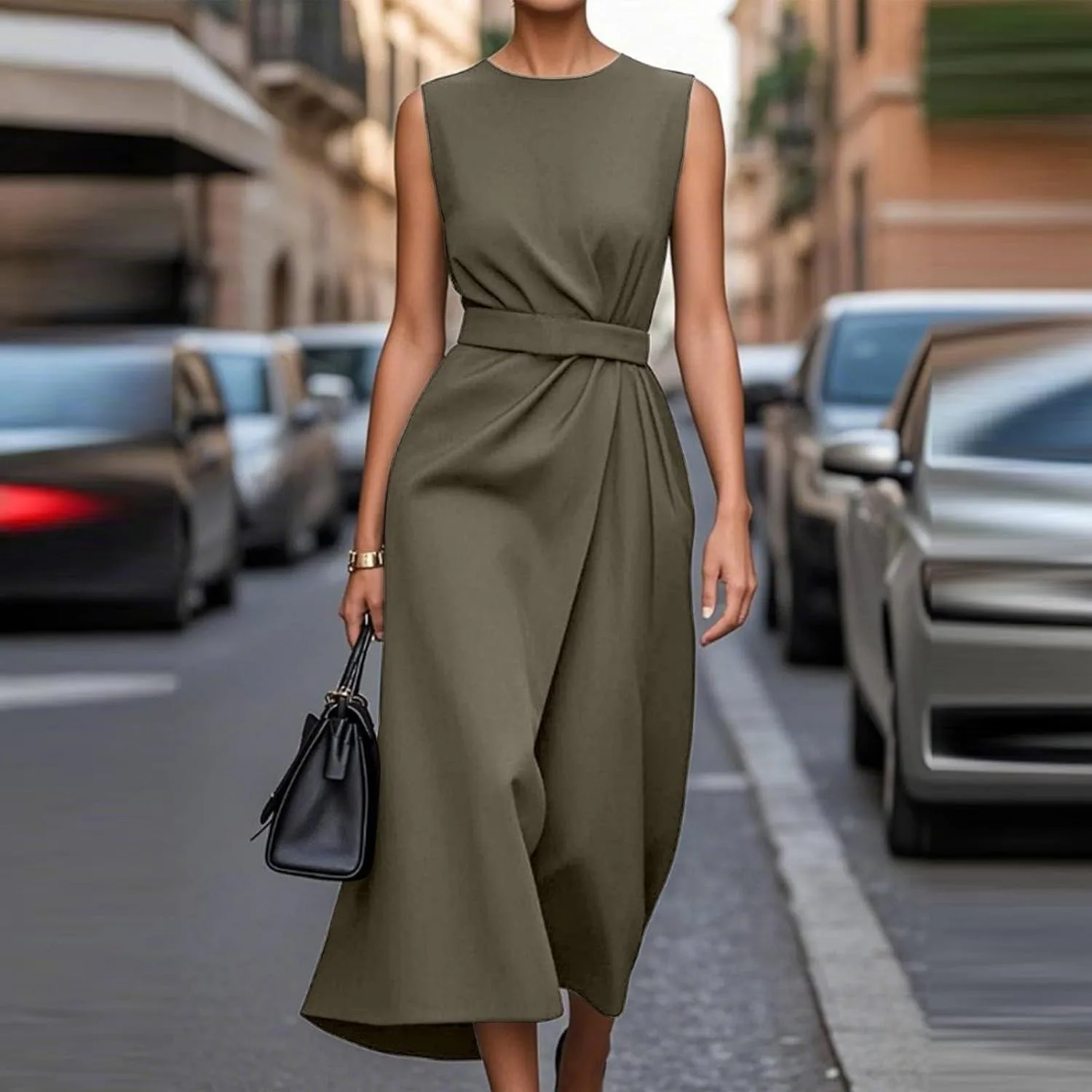 Women's Crew Neck Maxi Formal Dresses Elegant Sleeveless Wedding Guest Evening Party Dress Solid Color with Belt