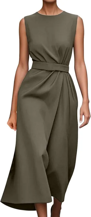 Women's Crew Neck Maxi Formal Dresses Elegant Sleeveless Wedding Guest Evening Party Dress Solid Color with Belt