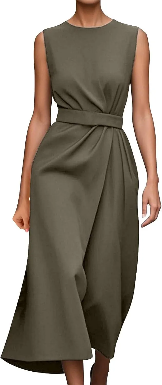 Women's Crew Neck Maxi Formal Dresses Elegant Sleeveless Wedding Guest Evening Party Dress Solid Color with Belt