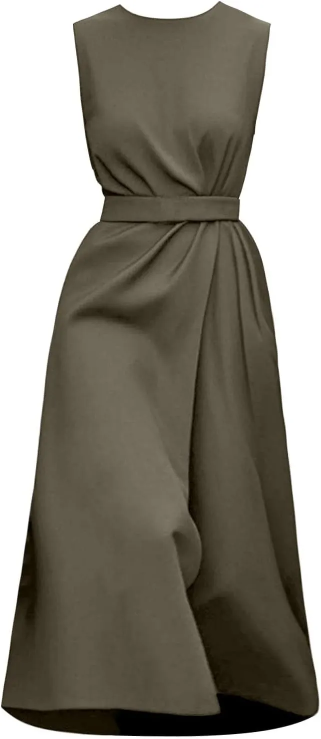 Women's Crew Neck Maxi Formal Dresses Elegant Sleeveless Wedding Guest Evening Party Dress Solid Color with Belt