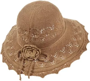 Womens Crochet Breathable Wide Brim Hats Flowers Sun Protection Bucket Hats