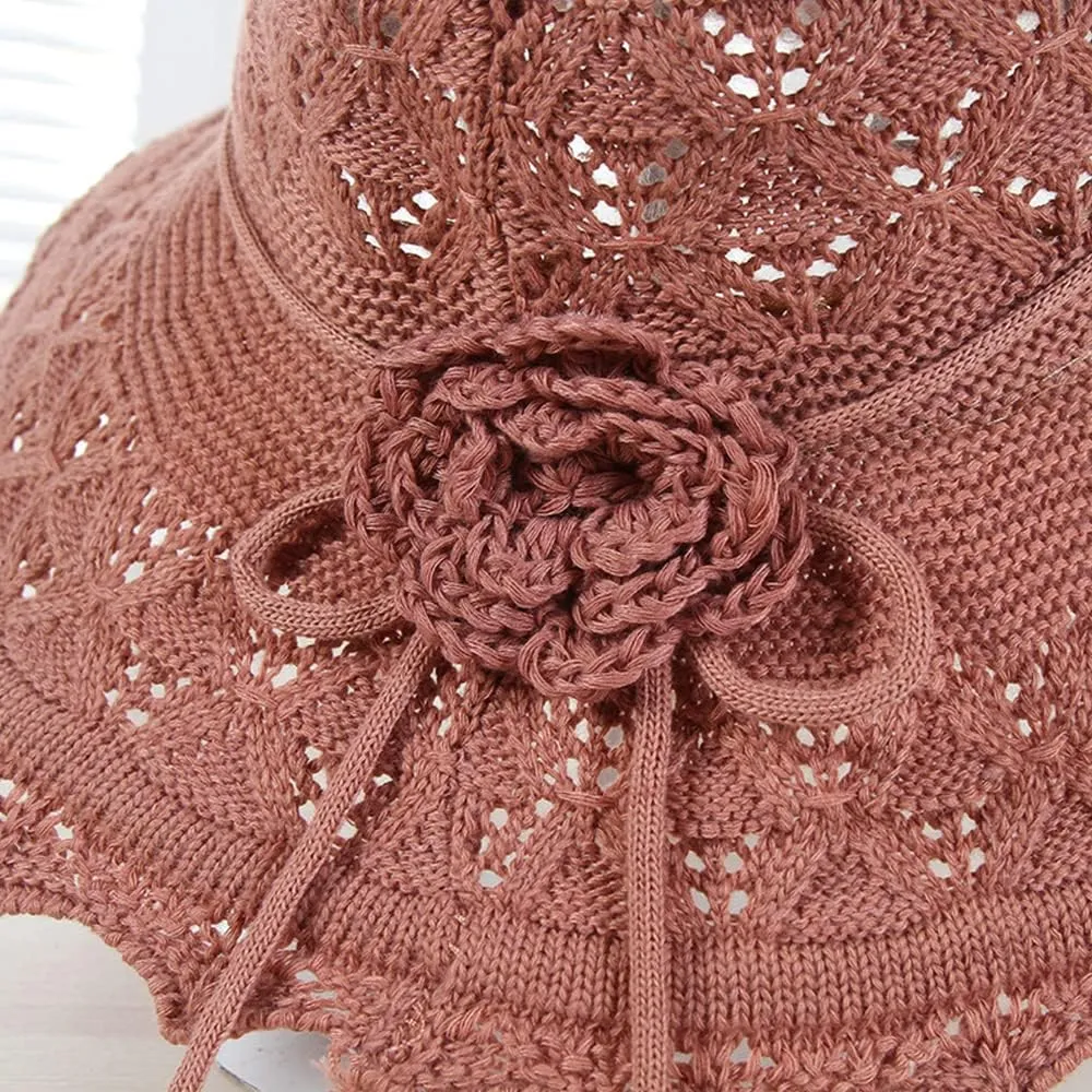 Womens Crochet Breathable Wide Brim Hats Flowers Sun Protection Bucket Hats