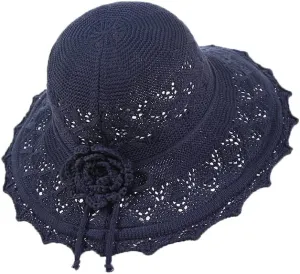 Womens Crochet Breathable Wide Brim Hats Flowers Sun Protection Bucket Hats