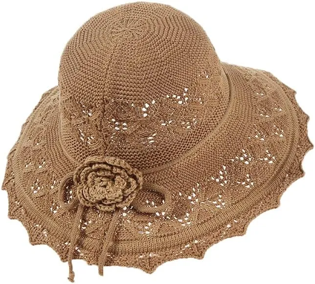 Womens Crochet Breathable Wide Brim Hats Flowers Sun Protection Bucket Hats