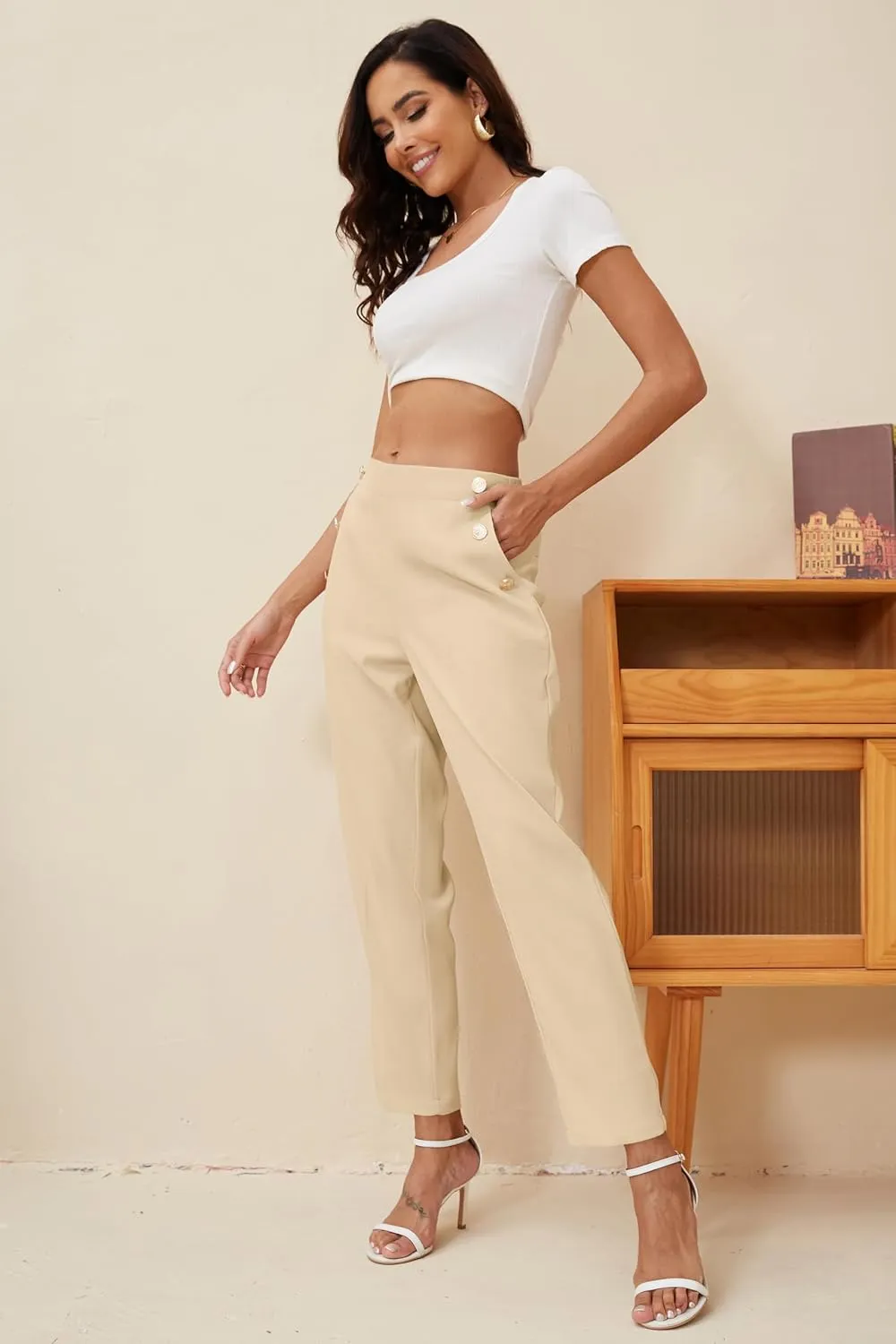 Women's Elastic High Waist Business Slacks for Work Trousers Pants Straight Leg with Pockets