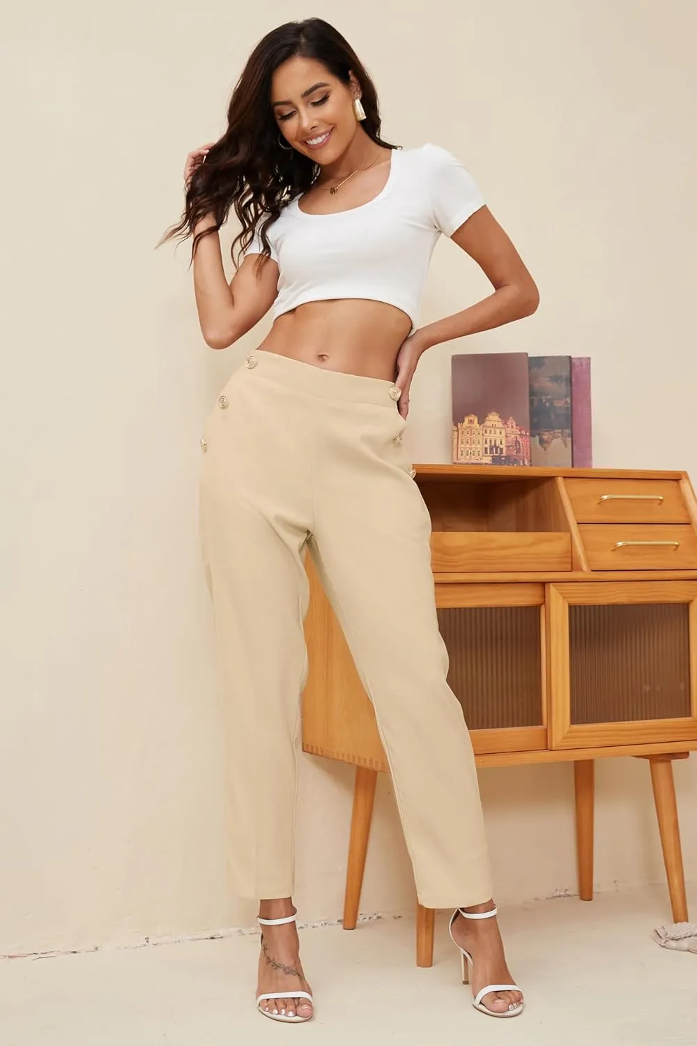 Women's Elastic High Waist Business Slacks for Work Trousers Pants Straight Leg with Pockets