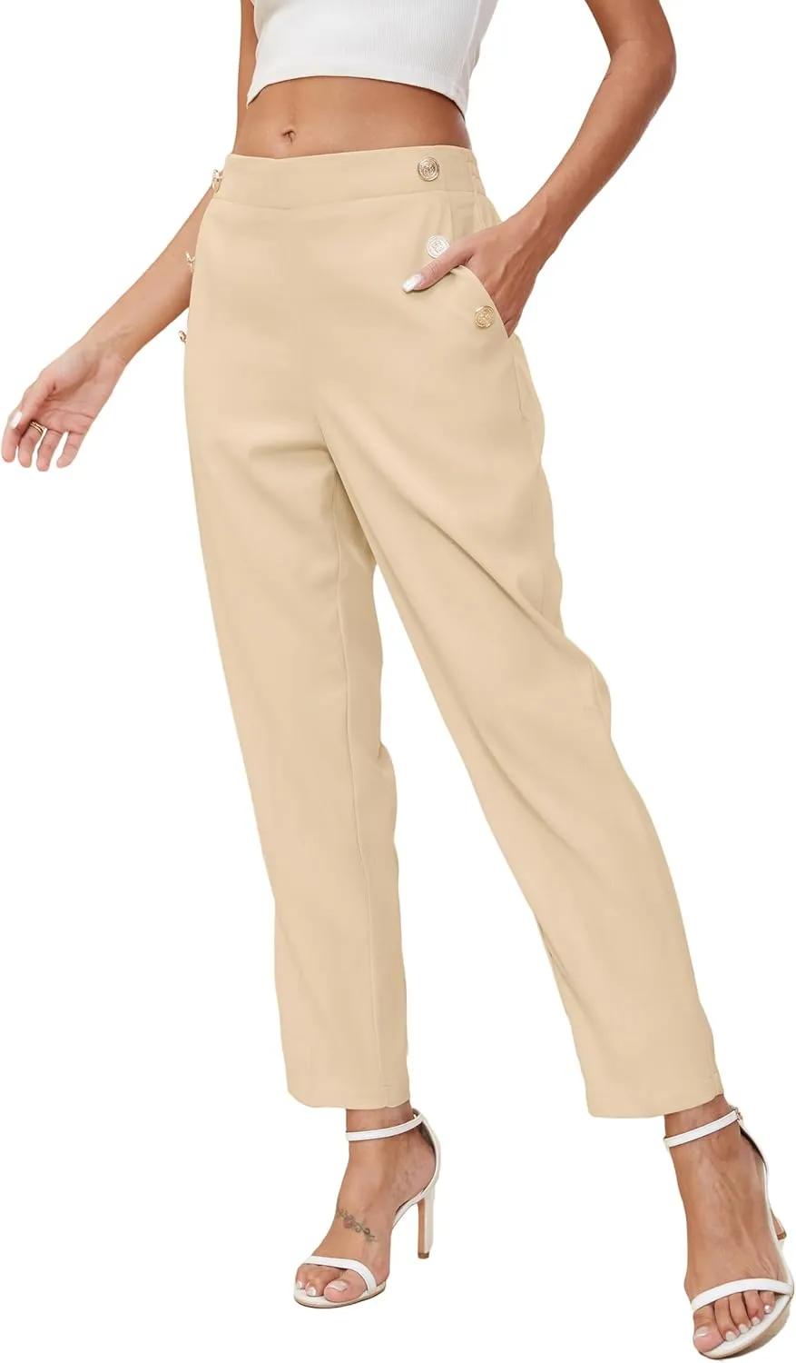 Women's Elastic High Waist Business Slacks for Work Trousers Pants Straight Leg with Pockets