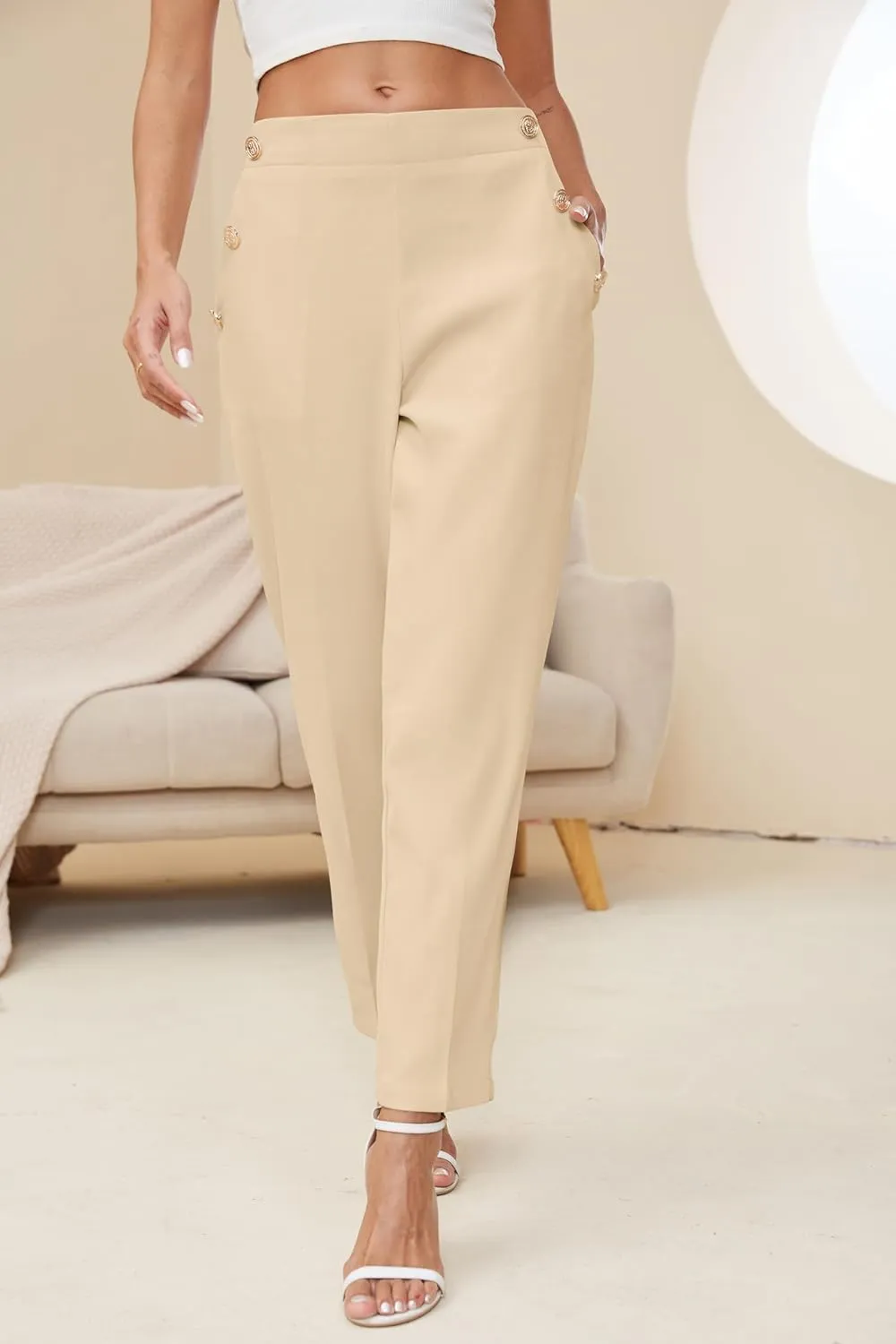 Women's Elastic High Waist Business Slacks for Work Trousers Pants Straight Leg with Pockets