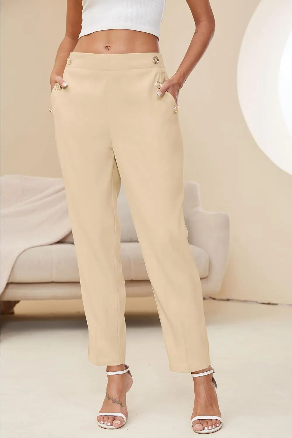 Women's Elastic High Waist Business Slacks for Work Trousers Pants Straight Leg with Pockets