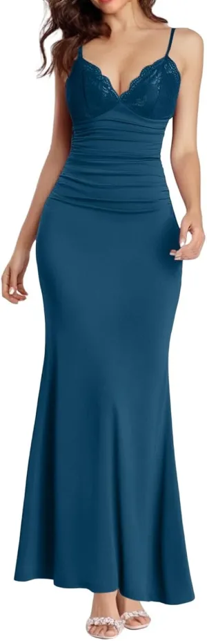 Women's Lace Ruched Spaghetti Straps Bodycon Maxi Dresses Cocktail Party Pencil Long Dress Evening Gowns