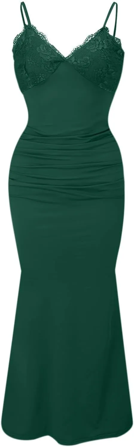 Women's Lace Ruched Spaghetti Straps Bodycon Maxi Dresses Cocktail Party Pencil Long Dress Evening Gowns