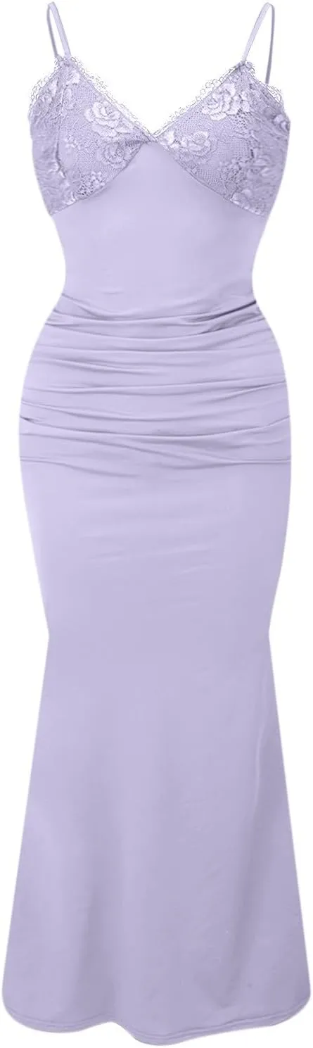 Women's Lace Ruched Spaghetti Straps Bodycon Maxi Dresses Cocktail Party Pencil Long Dress Evening Gowns