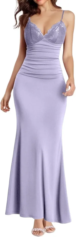 Women's Lace Ruched Spaghetti Straps Bodycon Maxi Dresses Cocktail Party Pencil Long Dress Evening Gowns
