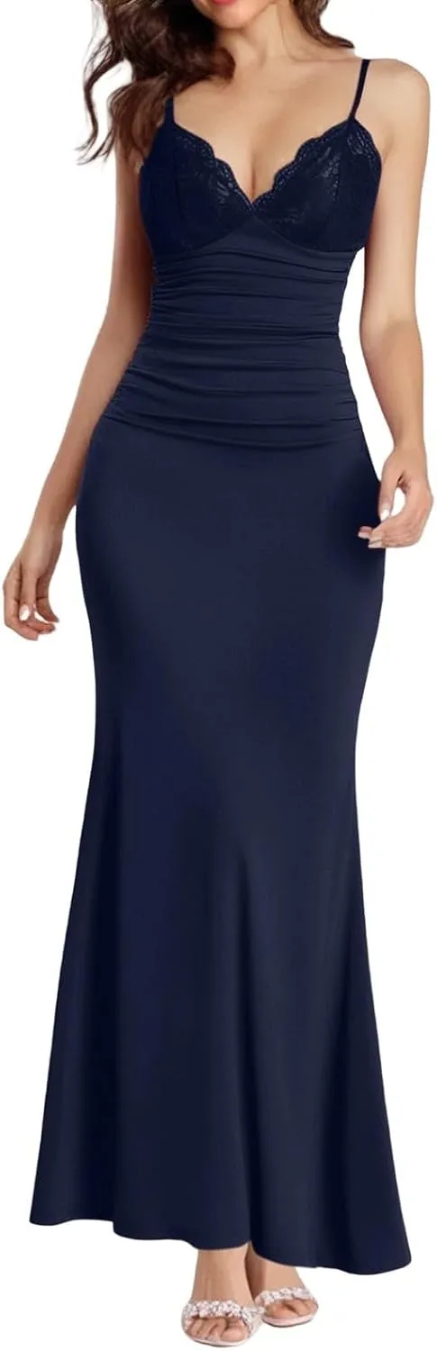 Women's Lace Ruched Spaghetti Straps Bodycon Maxi Dresses Cocktail Party Pencil Long Dress Evening Gowns